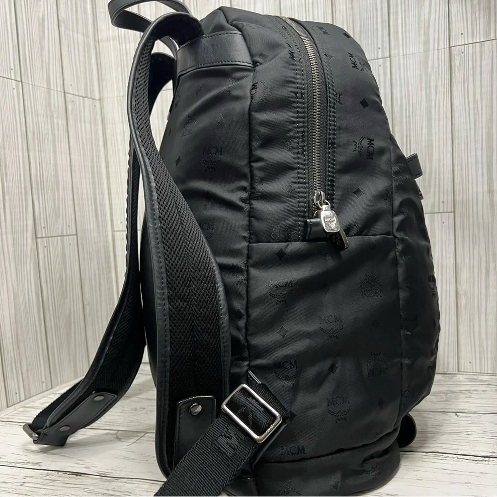 MCM Stark Backpack Black Nylon Logo Print Medium Unisex Designer Travel Bag